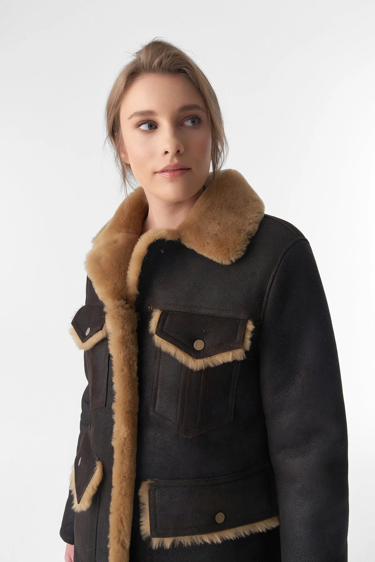 Women's Sheepskin Western Trucker Coat, Washed Brown with Ginger Wool