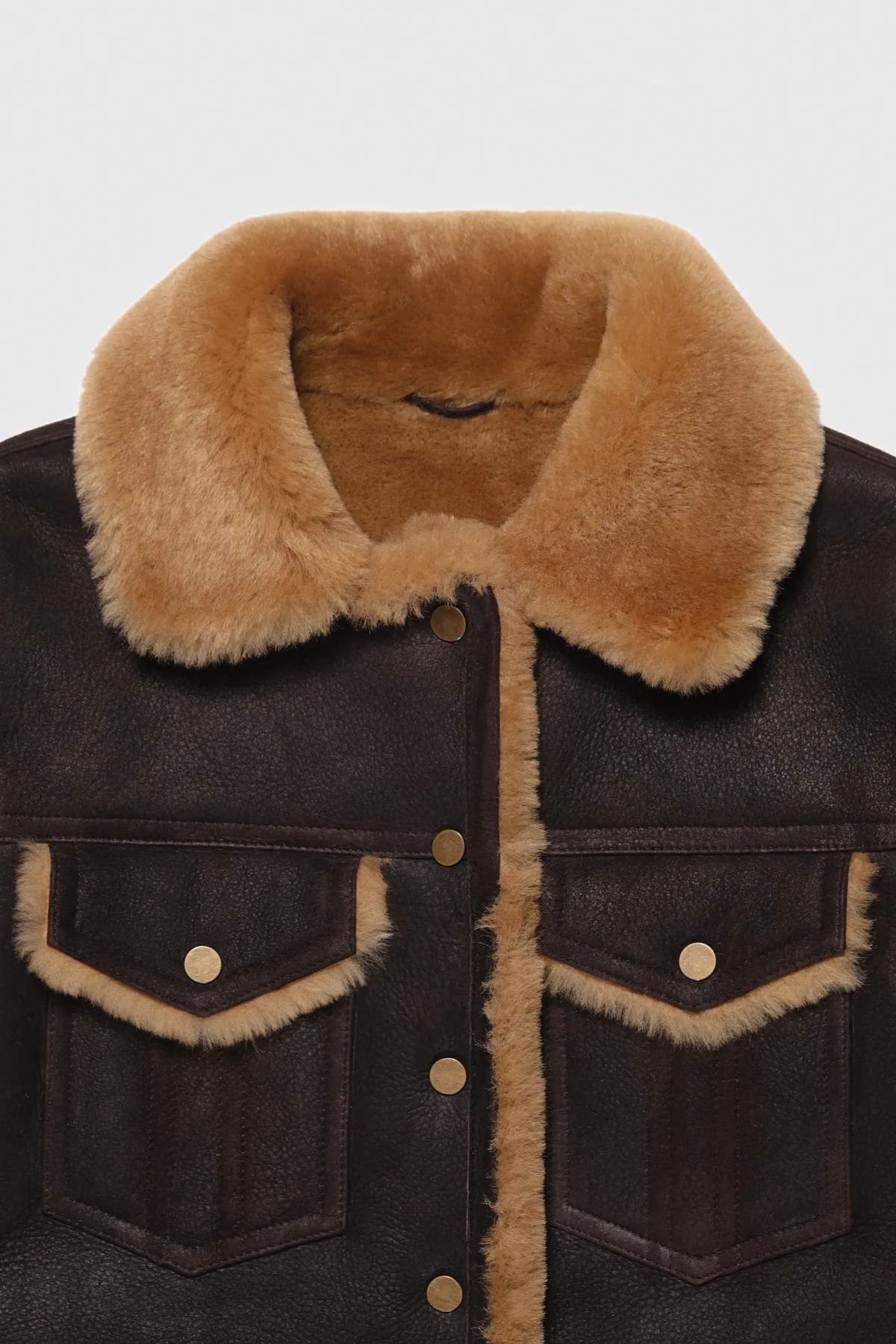 Women's Sheepskin Western Trucker Coat, Washed Brown with Ginger Wool