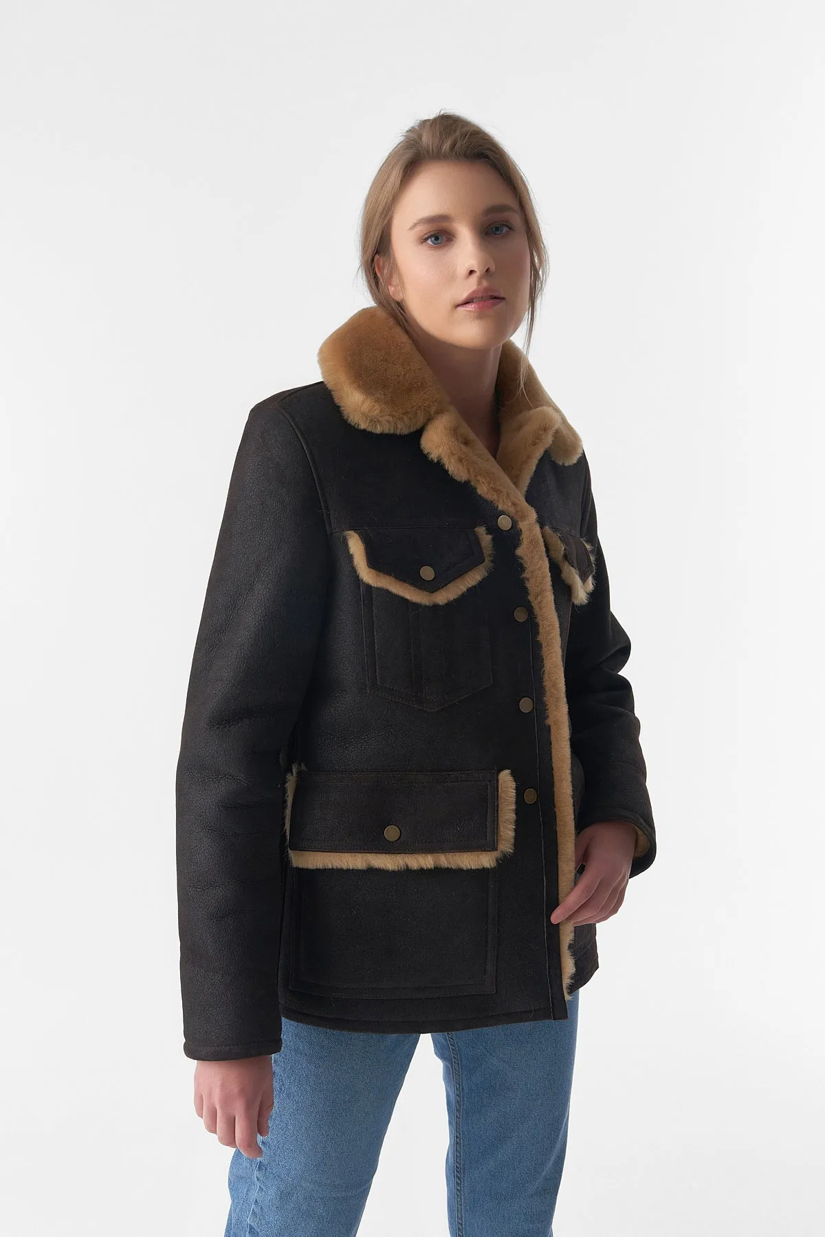 Women's Sheepskin Western Trucker Coat, Washed Brown with Ginger Wool