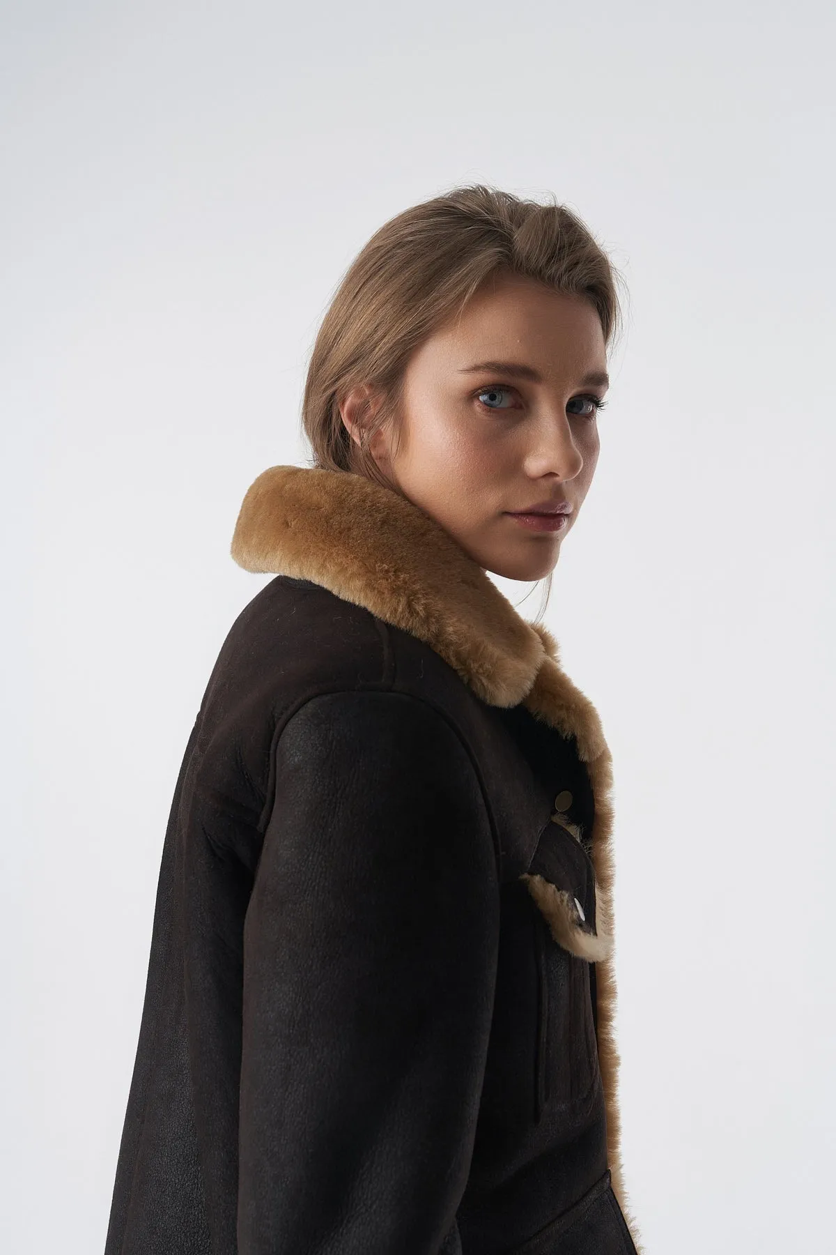 Women's Sheepskin Western Trucker Coat, Washed Brown with Ginger Wool