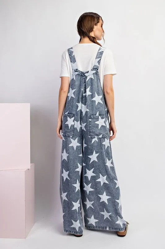 Women's Star Print Long Wide Legs Denim Baggy Jean Overalls