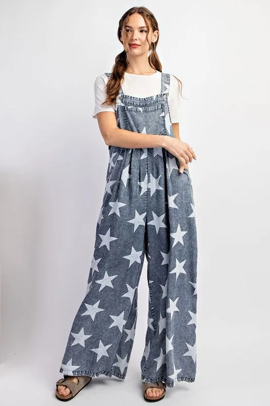 Women's Star Print Long Wide Legs Denim Baggy Jean Overalls