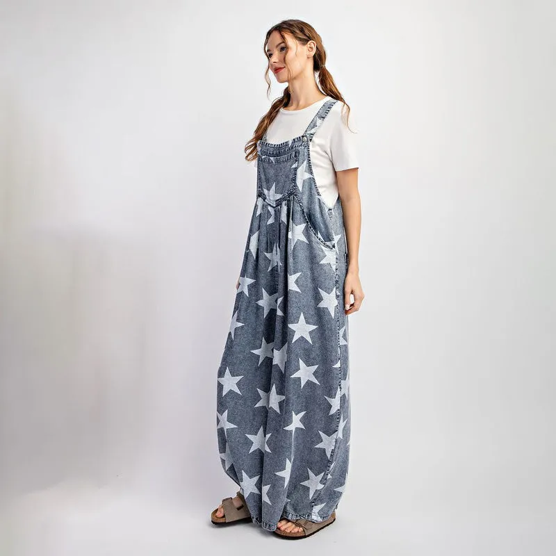 Women's Star Print Long Wide Legs Denim Baggy Jean Overalls