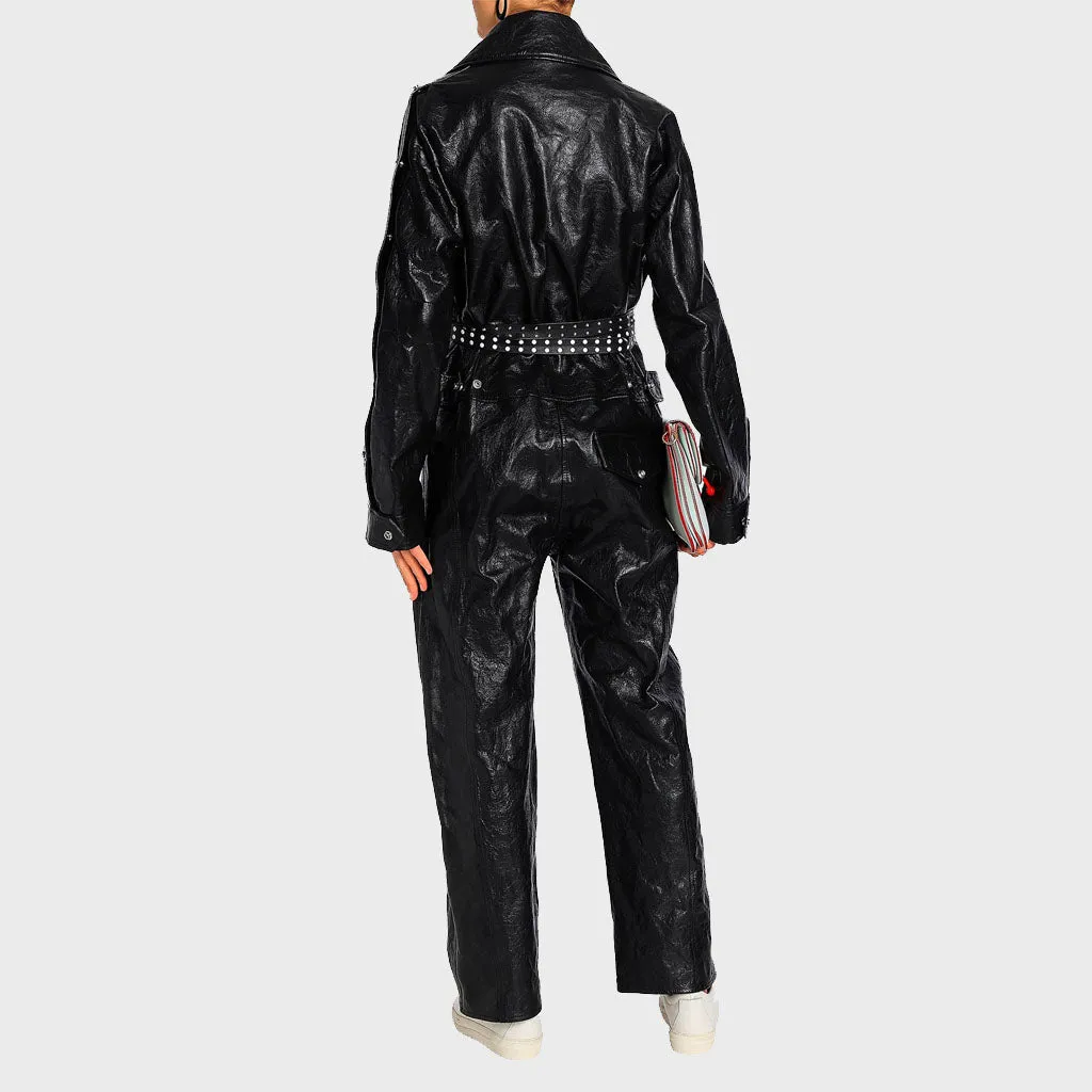 Women's Textured Black Leather Jumpsuit