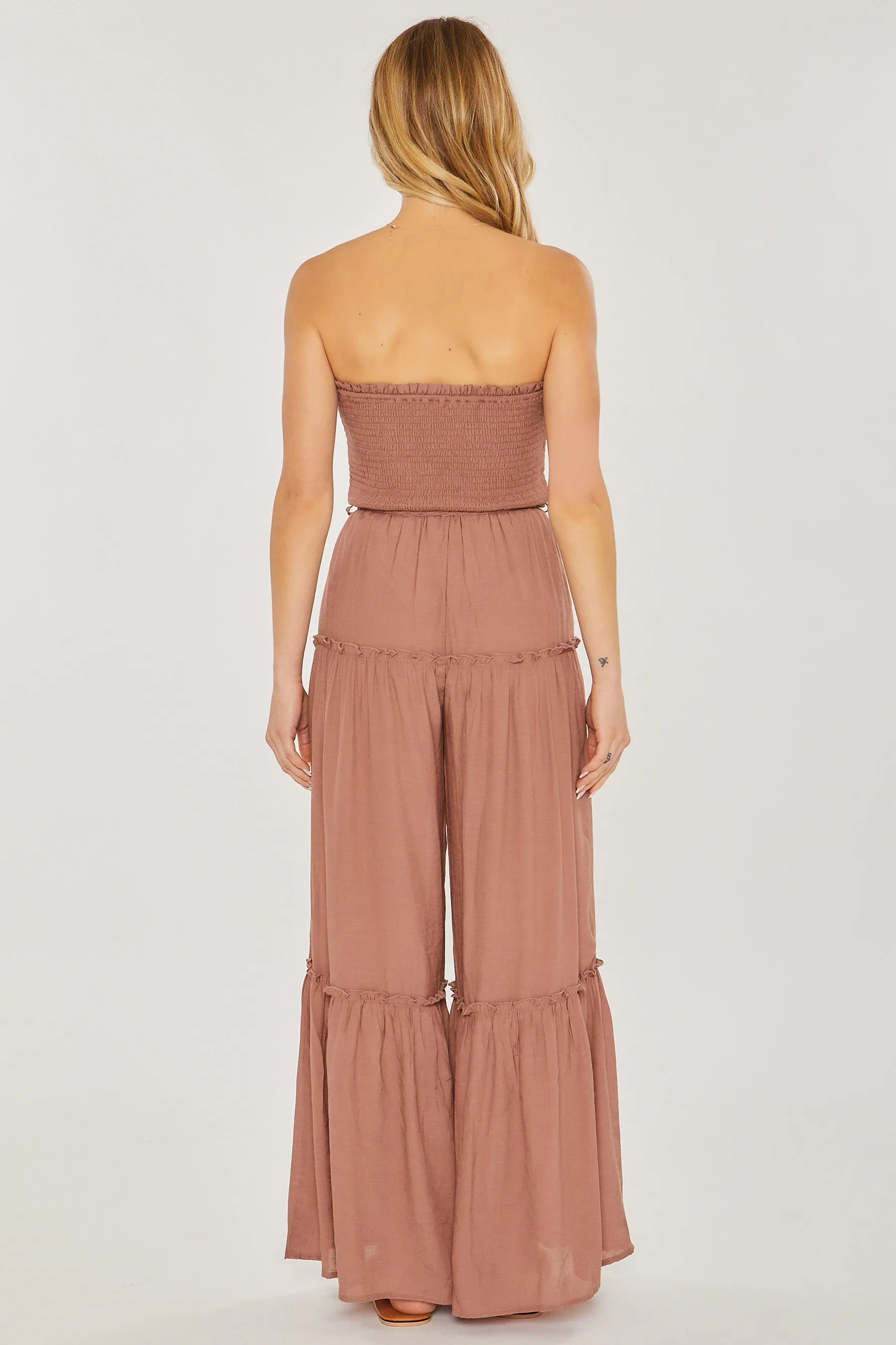 Woven Solid Sleeveless Smocked Ruffle Jumpsuit