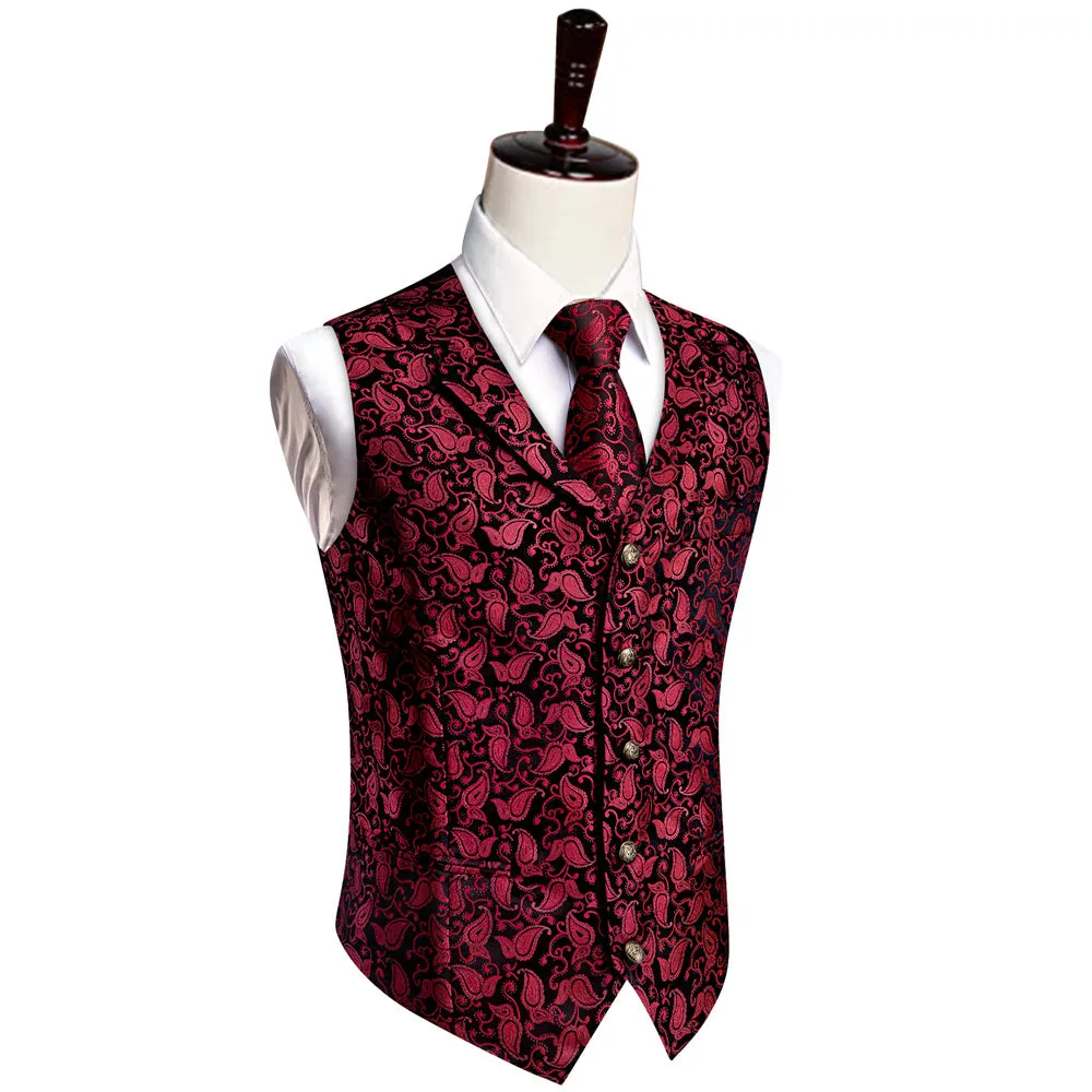 YourTies Deep Carmine Paisley Wedding Waistcoat Silk Vest Necktie Set