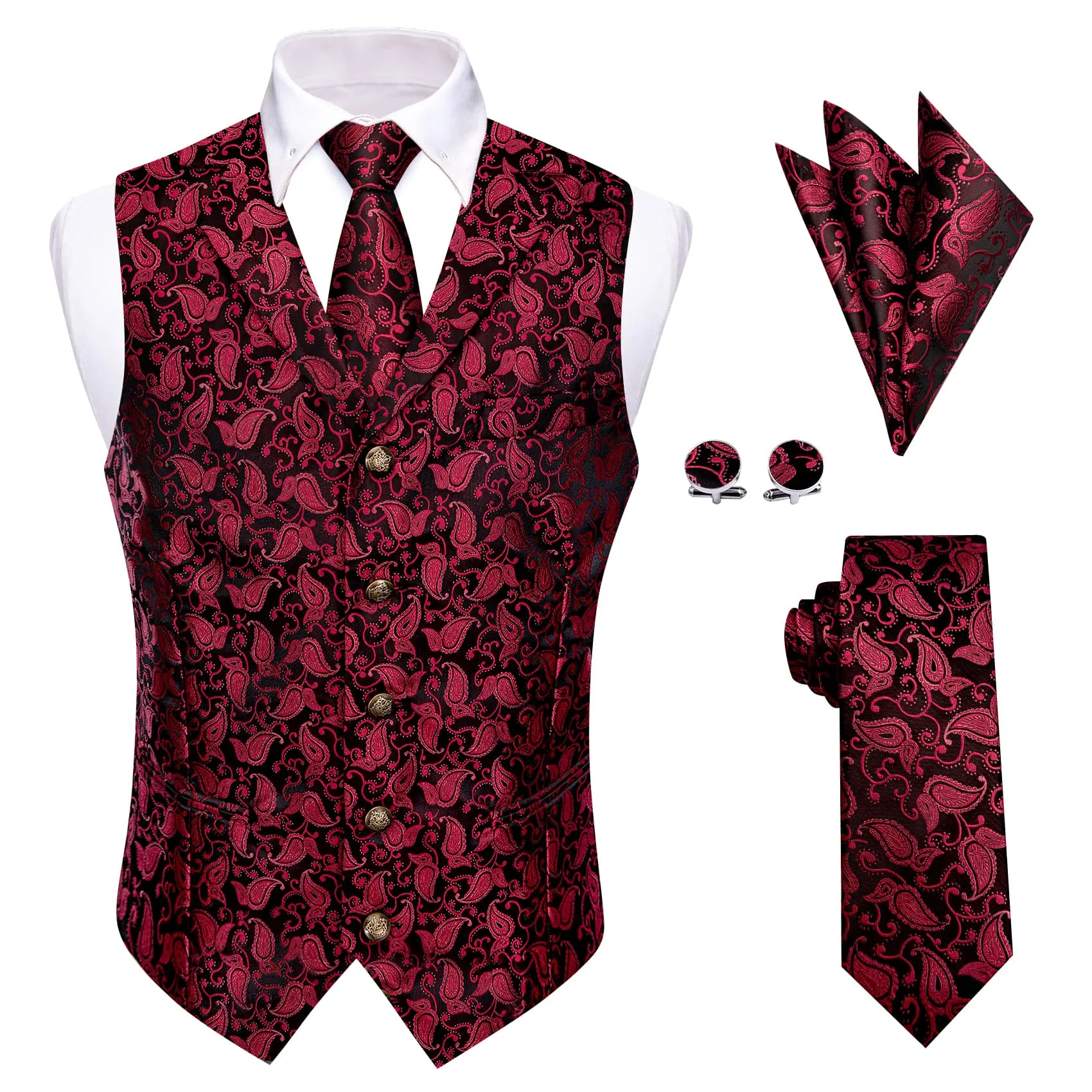 YourTies Deep Carmine Paisley Wedding Waistcoat Silk Vest Necktie Set