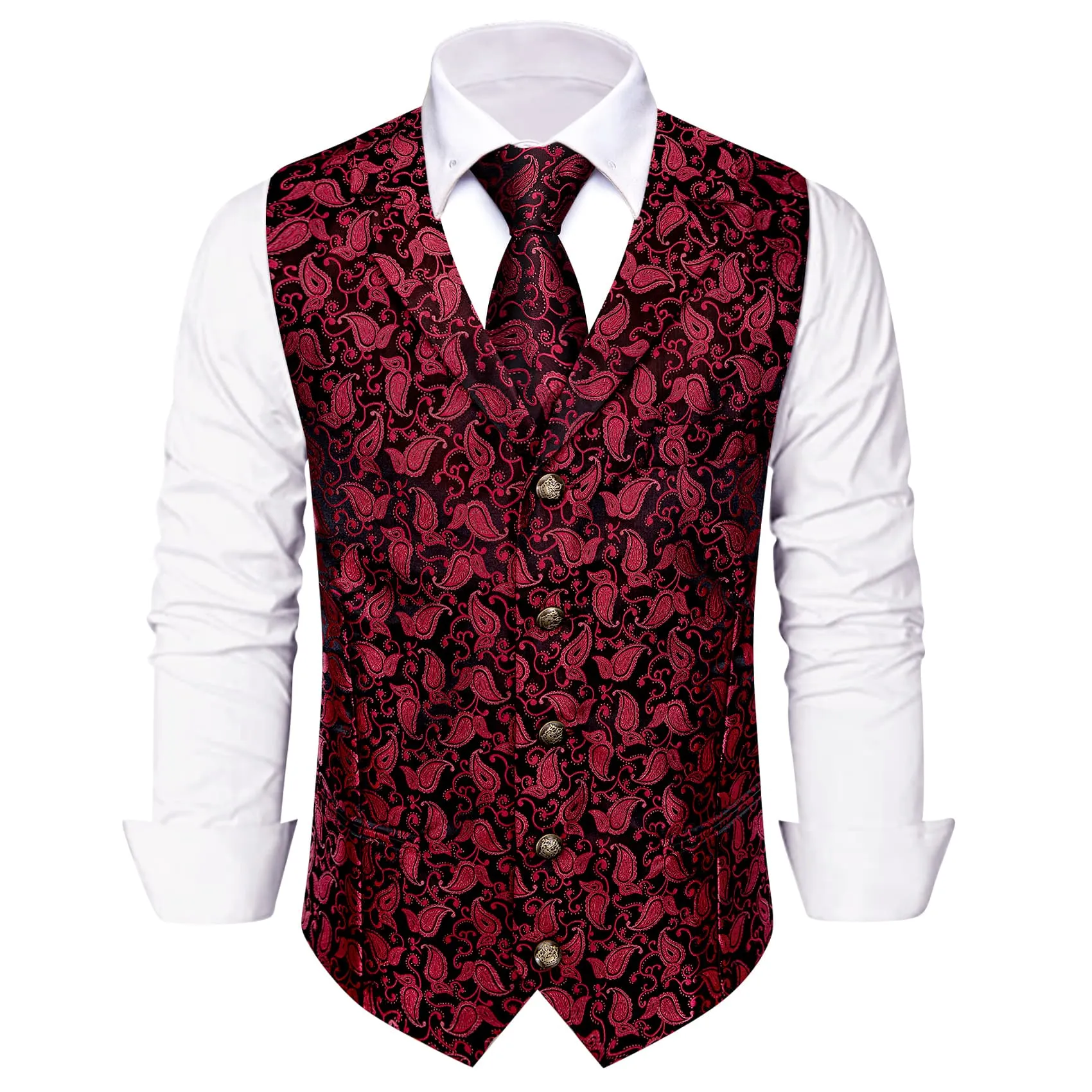 YourTies Deep Carmine Paisley Wedding Waistcoat Silk Vest Necktie Set